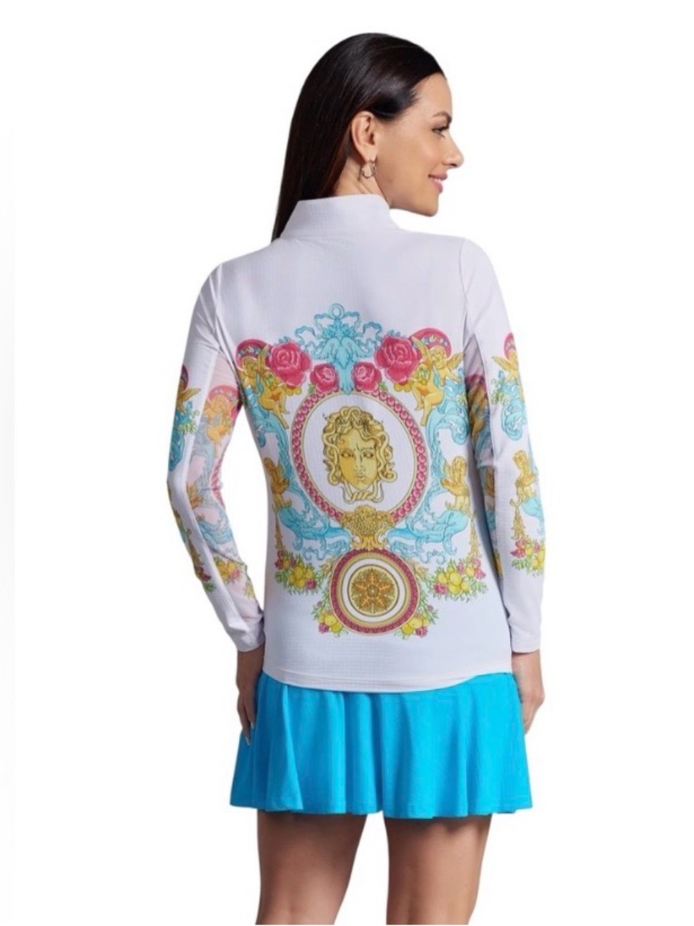 IBKUL Lala Print Long Sleeve Mock Neck golf sun protection shirt NWT GOLF
